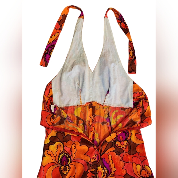 Vintage 1960s 1970s Neon Barkcloth? Halter Maxi Dress Summer Floral 10 M - Picture 11 of 16